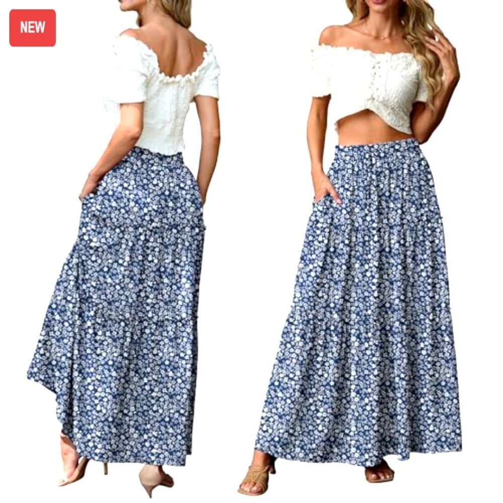 High Waisted Maxi Skirt with Pockets, Flowy Boho Floral Tiered Design for Summer - Picture 5 of 7